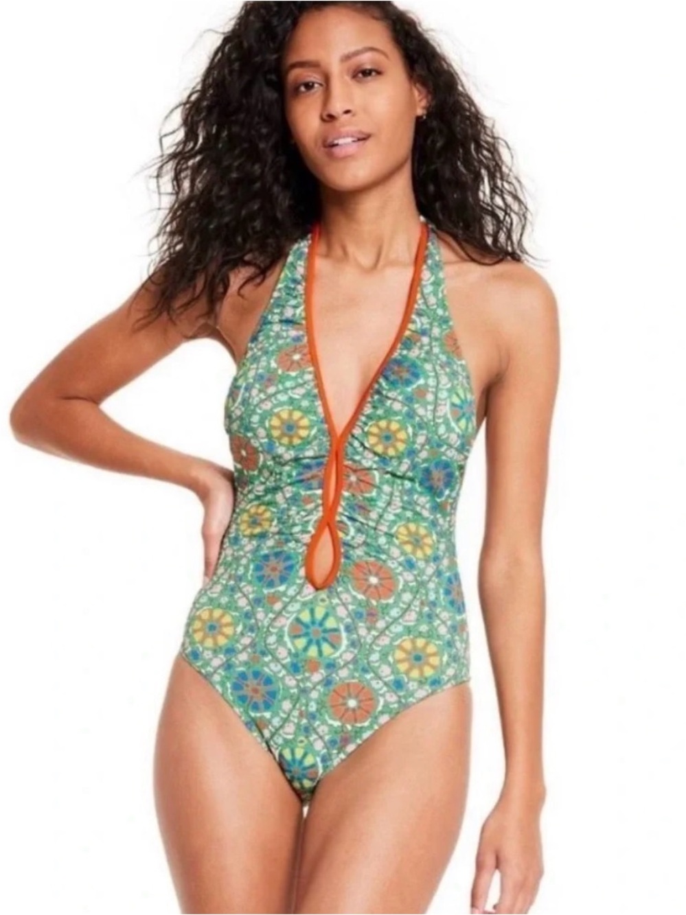 RHODE Green Floral Halter One-Piece with Orange Trim